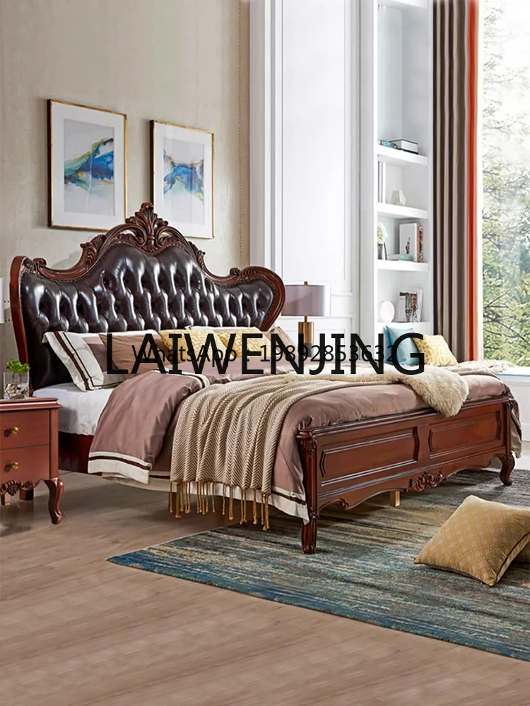XTC8 American Country European Master Bedroom First Layer Leather Bed Luxury Carved