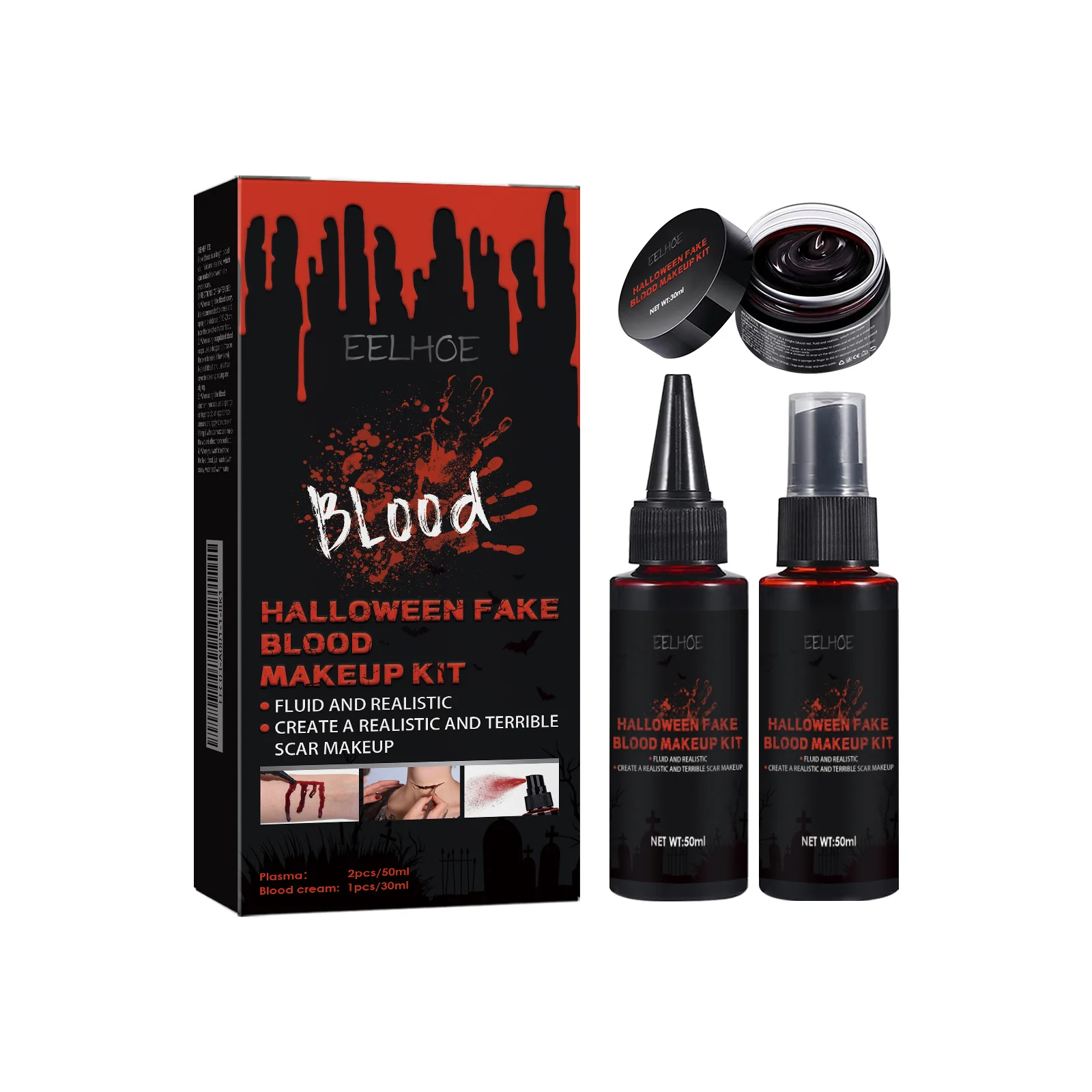 Halloween Fake Blood Makeup Kit Realistic Washable Fake Scar Wound Paint Spray Drops Thick Blood Paste Vampire Cosplay Make Up