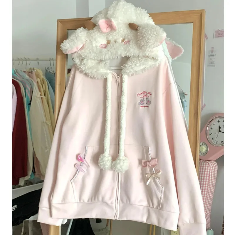 Kawaii Sweet Long Sleeve Hooded Coat Women Autumn Japanese Cute Zipper Embroidery Hoodie Female Casual Lovely Cardigan Overcoat