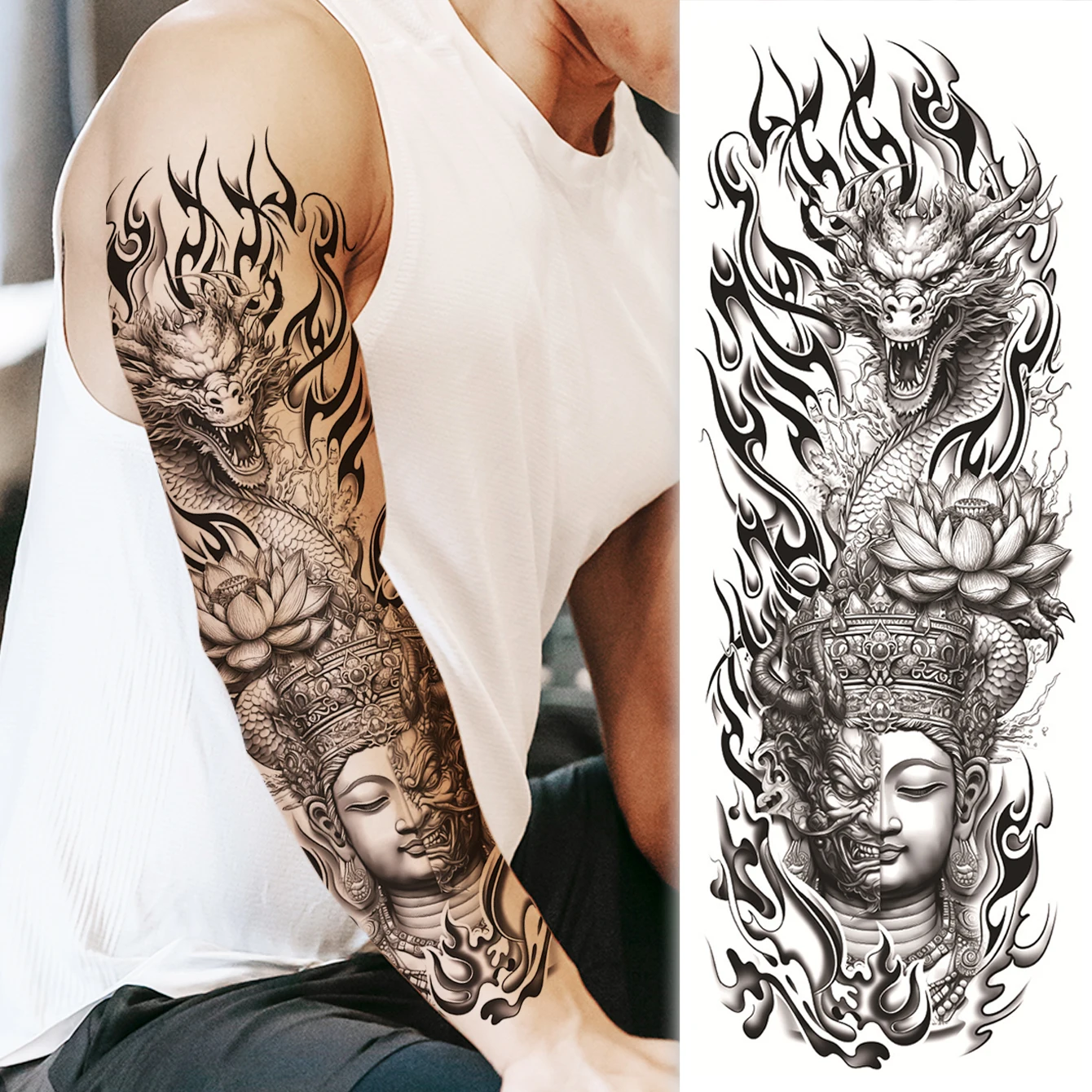 

Водостойкая Временная тату-наклейка, 1 шт., дракон, тигр, лотос, Мужская искусственная тату для мужчин, тату на руку