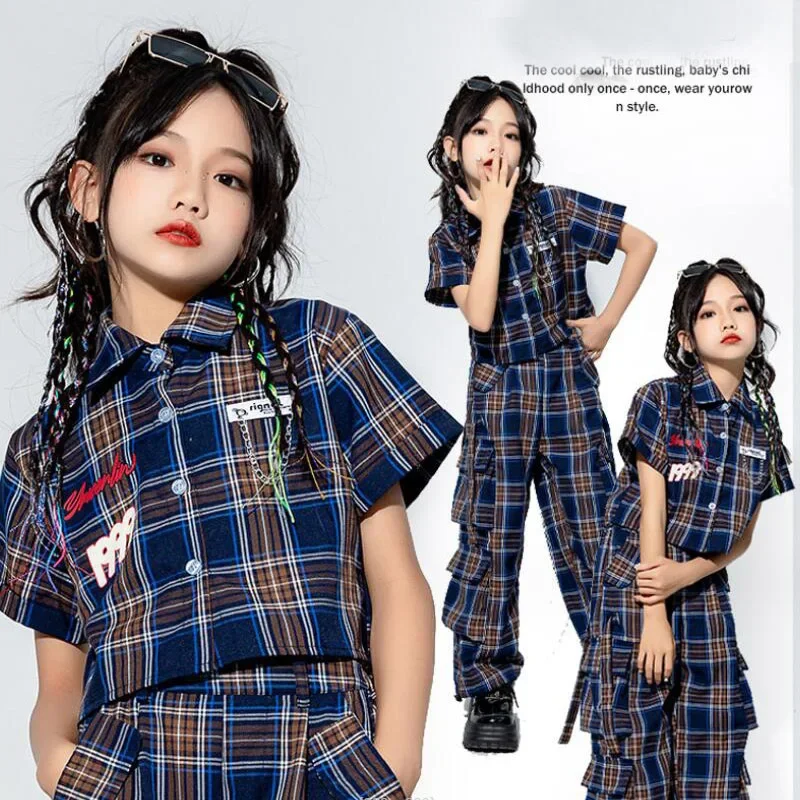 

Kids Streetwear Boys Hip Hop Summer Clothes Sets Girls Tank Tops Street Dance Plaid Cargo Pants Shorts Teen Jazz Show Costumes