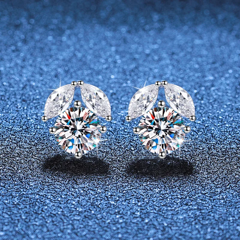 

Platinum PT950 18K Gold Earrings Women's Flower Four Claw Moissanite Light Luxury Style Earrings D Color 1 Carat Moissanite