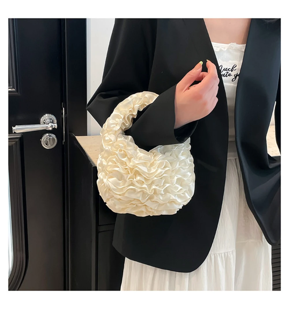 Japanese Style Sweet Petal Folds Niche Design Handheld Bag Women's Fashion Simple Versatile Commuting Solid Color Handbag