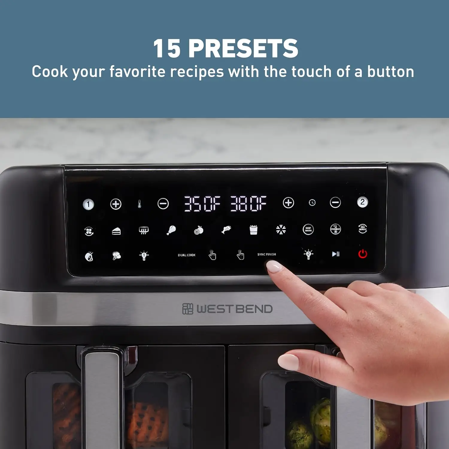 سلة Air Fryer المزدوجة بسعة 10 لتر مع أجهزة تحكم رقمية ونوافذ عرض و15 إعدادًا مسبقًا للطهي، وسلال قلي غير لاصقة، مزدوجة