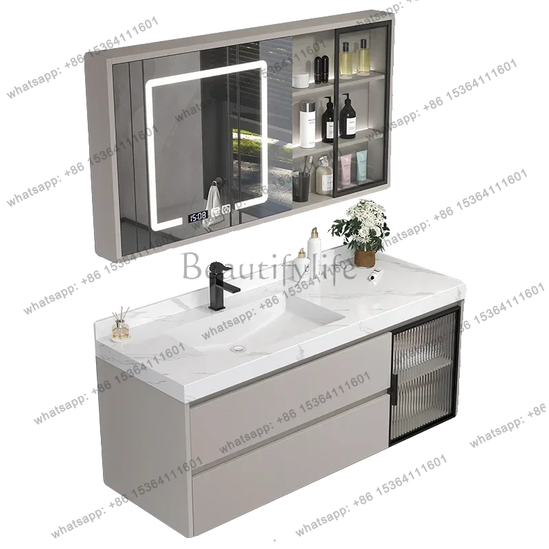 

Minimalist lacquered oak bathroom cabinet, slate seamless ceramic integrated basin, toilet washbasin