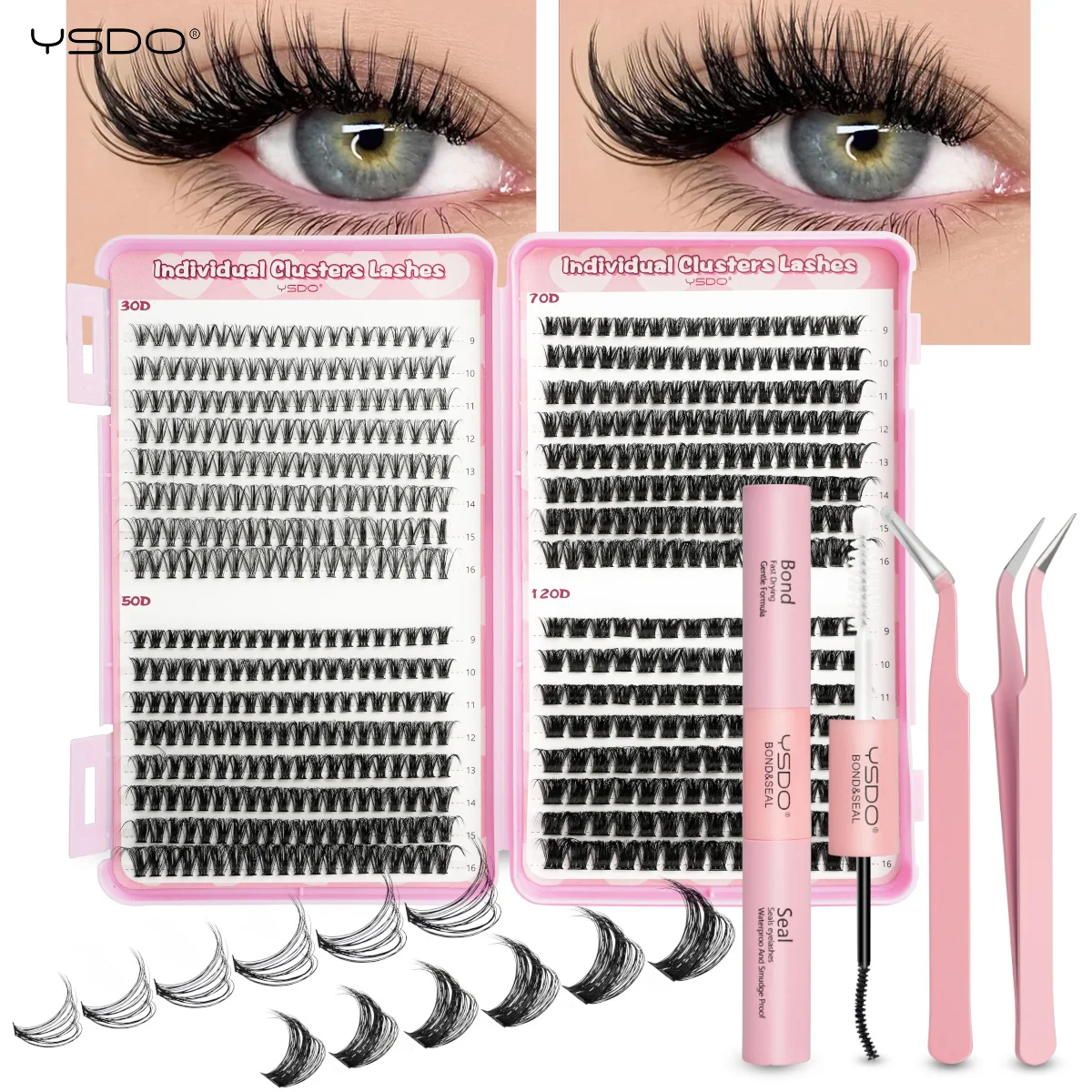 YSDO DIY Kit de extensión de pestañas 14/32P juego de pestañas individuales Cluster D Curl 9-16mm mezcla 30D-120D grupos de pestañas con unión y sello