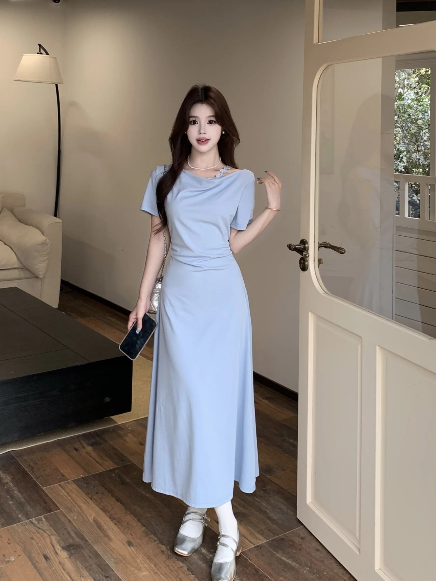 

plus Size Women's Blue One Shoulder Dress Summer New Waist Cinching A-Line Long Dress Gentle Style Commute Korean Version Sho...