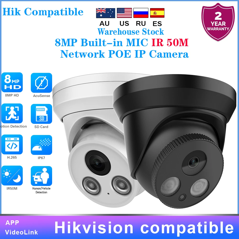 Hikvision Compatible 4K 8MP IP Camera PoE IR Full Color Night Vision 4MP CCTV Security Camera Plug&Play with HIK NVR