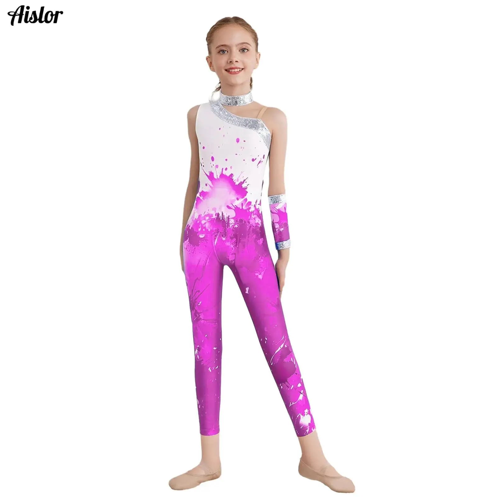 

Kids Girls Gymnastics Jumpsuit Sleeveless Asymmetrical Sequins Printed Full Length Leotard Bodysuit+Glove for Figure Ice Skating