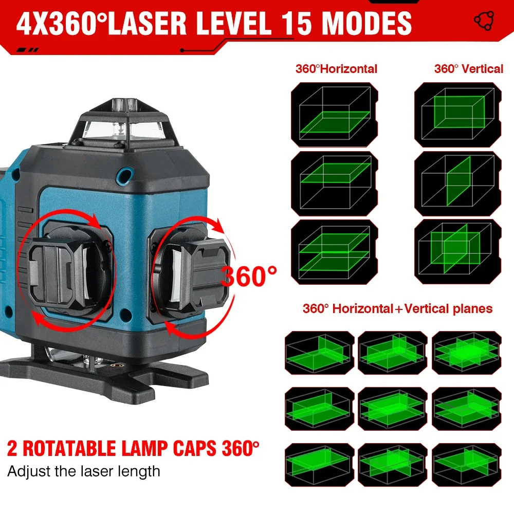 ONEVAN 16 Line 4D Laser Level Green Line Self-leveling 360 Horizontal Vertical Cross Light Measure Powerful Beam Laser Level