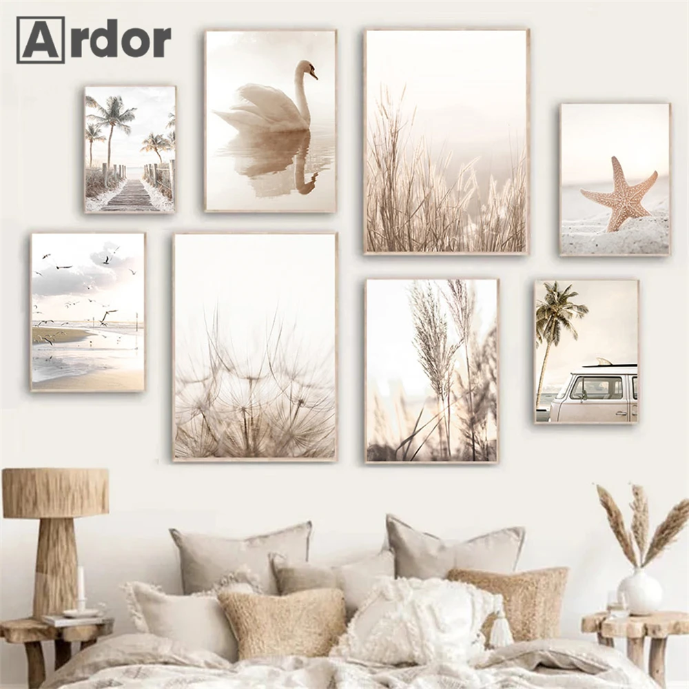 

Seagull Swan Poster Beige Dandelion Canvas Painting Reed Art Prints Beach Starfish Posters Nordic Wall Pictures Bedroom Decor