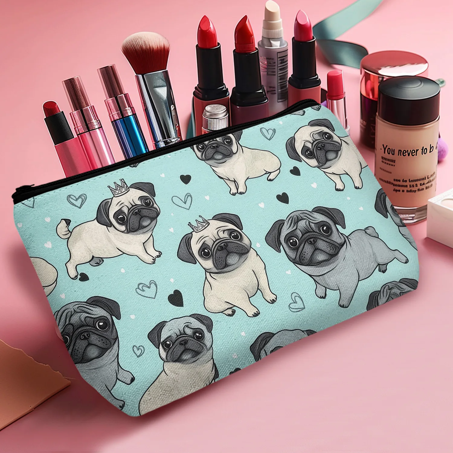 1Pc Cute Pug Themed Print Women Makeup Storage Bag Perfect Gift For Pug Lovers Zoo Outdoor Backyard Garden 8.66x5.51Inch