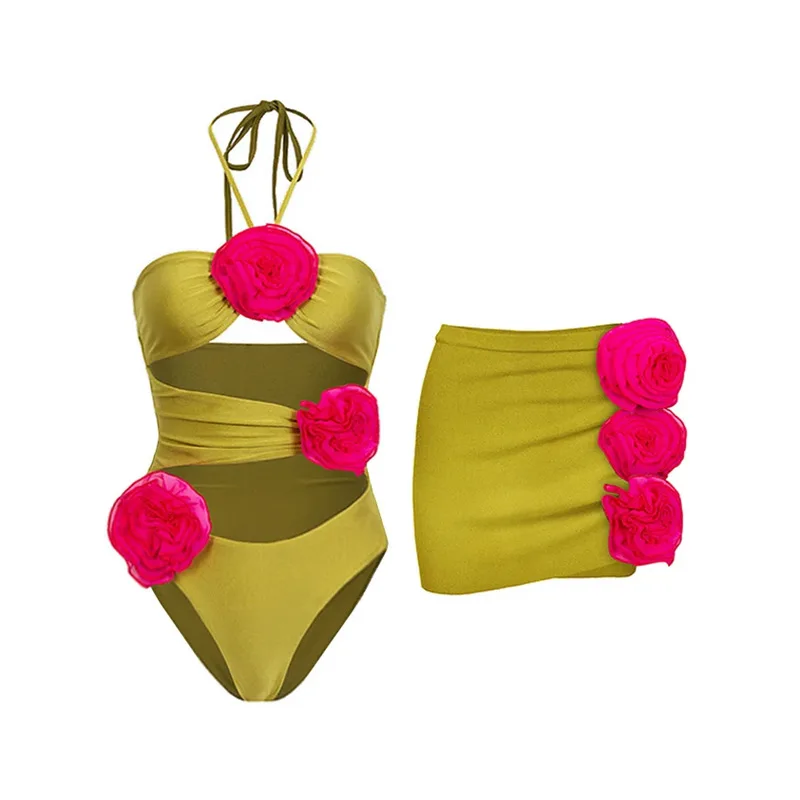 

2023 Women Swimwear Sexy Lacing Up Color Block 3D Flower One Piece Swimsuit and Skirt Bikini Sets Beachwear Bathing Suit