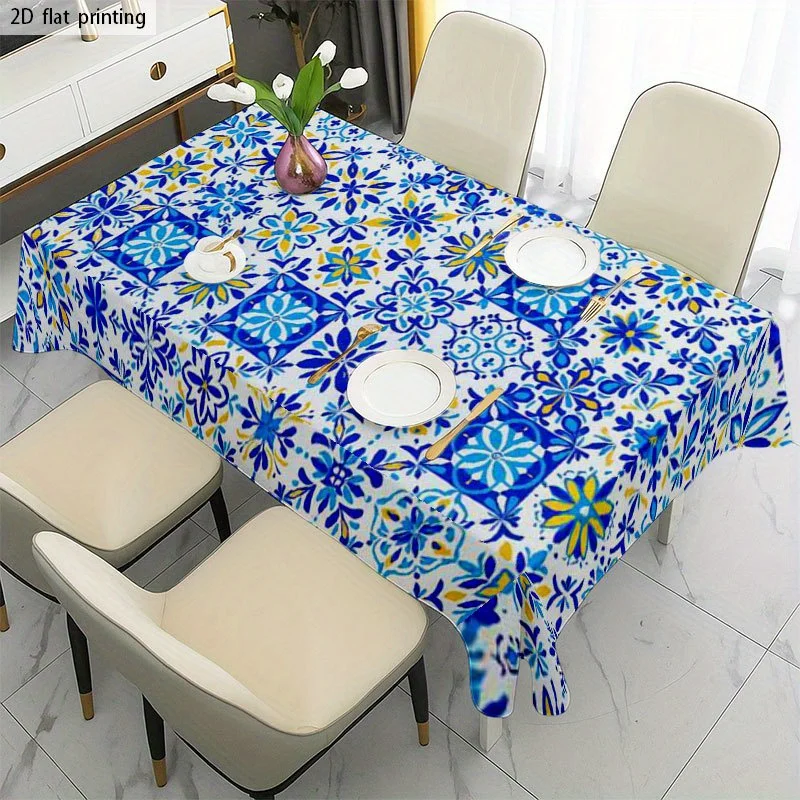 Blue White Geometric Floral Print Tablecloth for Table Decor Vintage  Porcelain Tiles Rectangle Table Cloth Holiday Party Decor