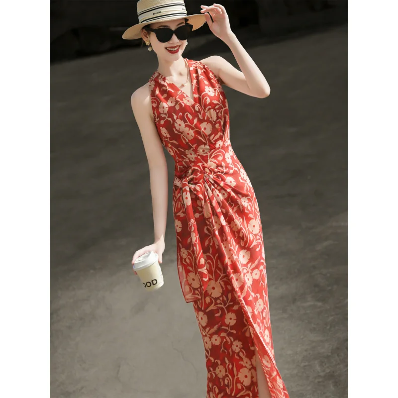 

MEXCOCO 2026 Spring Summer New French Vacation Style Halter Tank Dress Waist Tie Printed Elegant Dress