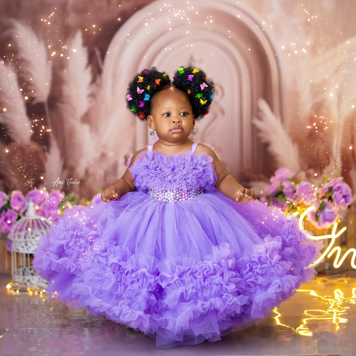 Vestidos de fiesta de cumpleaños para niñas con perlas de lavanda, vestidos personalizados con volantes y flores moradas para niñas, vestidos de baile para bebés y niños para sesión de fotos