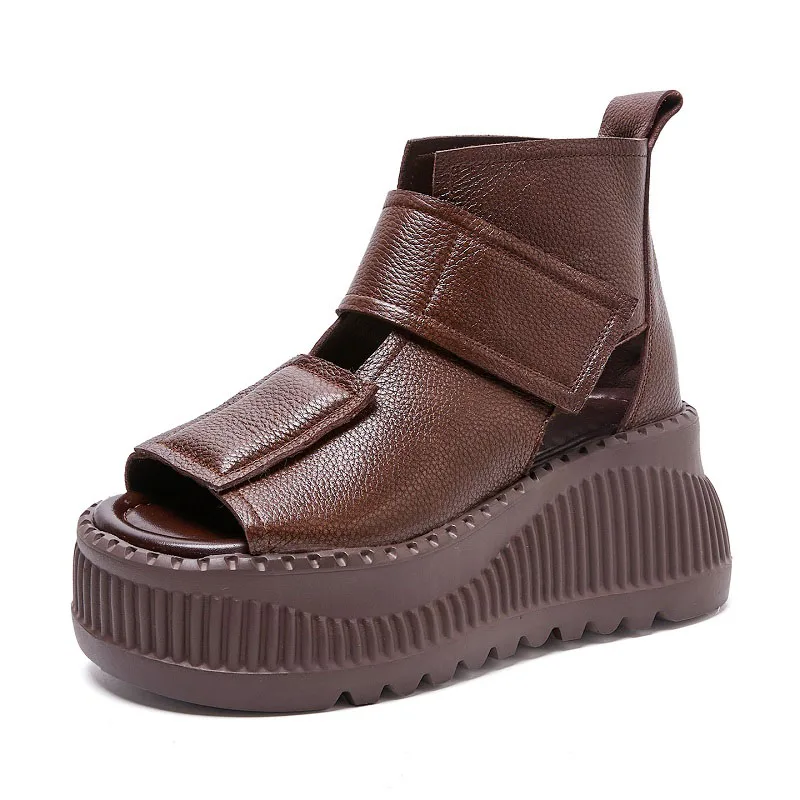 DRKANOL Handmade Retro Genuine Leather Sandals Women Summer Wedges Heel Platform Height Increasing Sandals Ladies Cool Boots