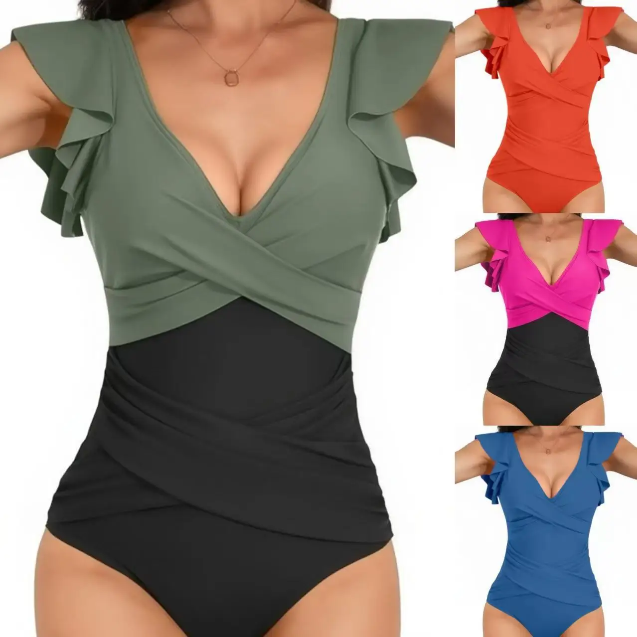 

2025 new model, triangular gathering deep V European and American sexy swimsuit ins solid color splicing ruffle edge one-piece w