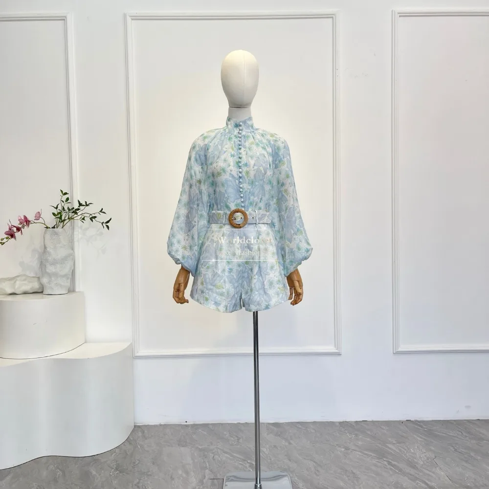 

2025 blue Navigation Waves Print Short Sleeve Blouse Tops and Shorts Set New Design