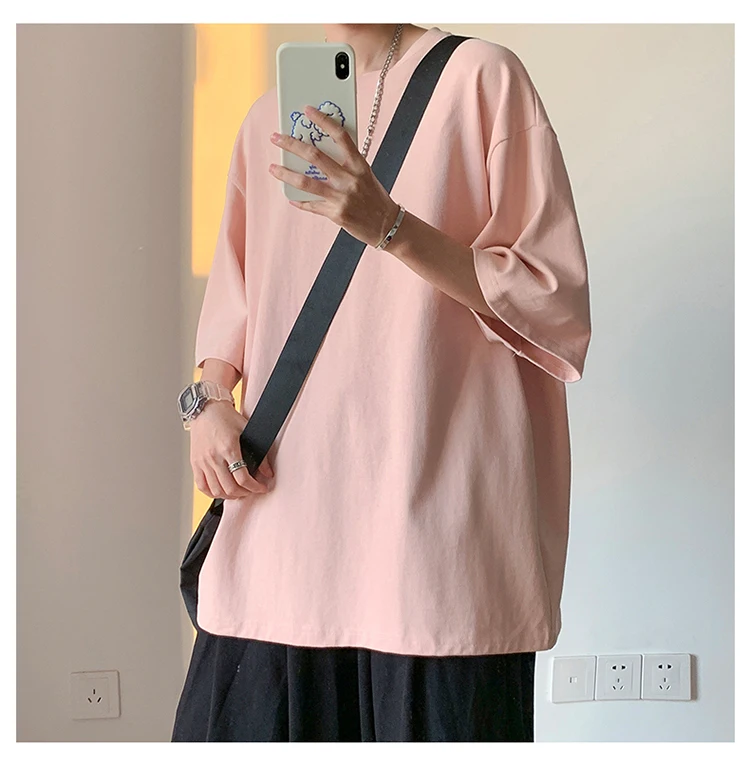 تي شيرت بأكمام قصيرة من القطن الخالص باللون الأسود الخالص للرجال كقاعدة، تي شيرت فضفاض للزوجين من القطن الخالص بلون سادة طوال الموسم #4