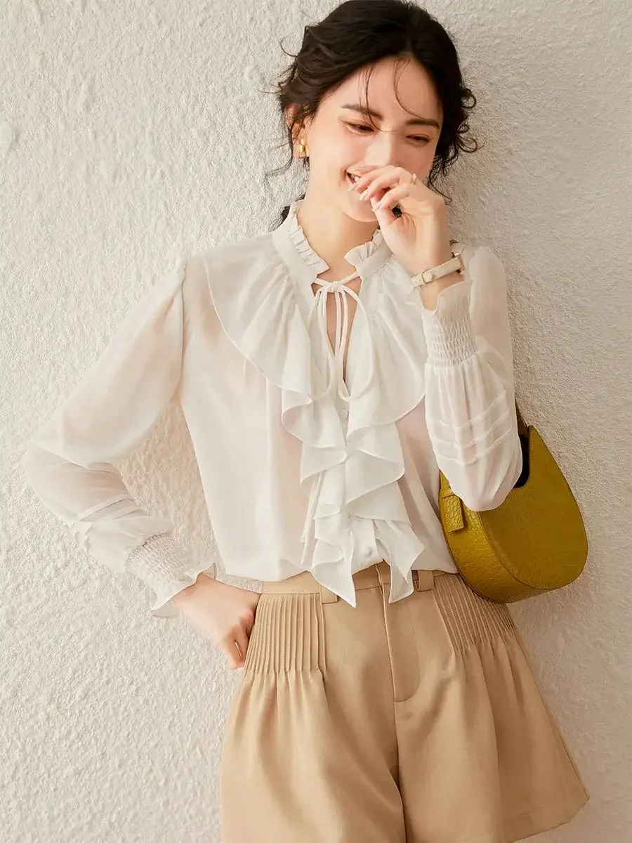 LOUIS YAO Women Shirt 2024 Spring New V Neck Long Sleeve Ruffled Lace-up Blouses Loose Fit Office Lady Elegant Women's Top