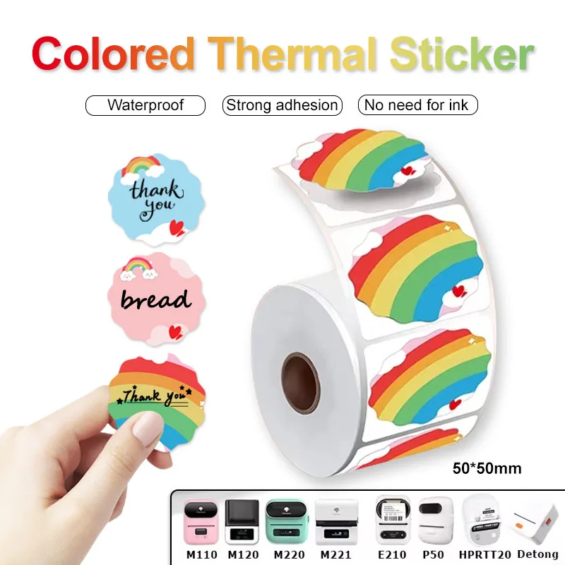 

50*50mm Thermal Label Sticker Roll Self-adhesive Rainbow Flower DIY Gift Thank You Card Sealing Stickers Paper Printer M220 M110