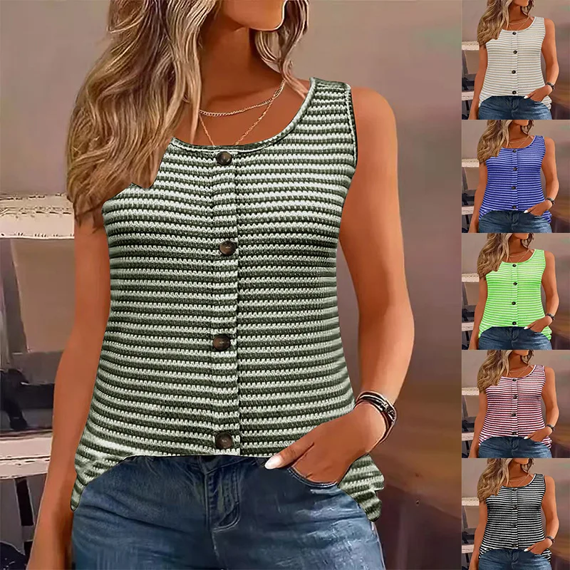 

2025 New Women's Blouses Summer Casual Tank Top Fashion Striped Printed Sleeveless Knit Shirts Casual Solid Button Y2k Vest Tops