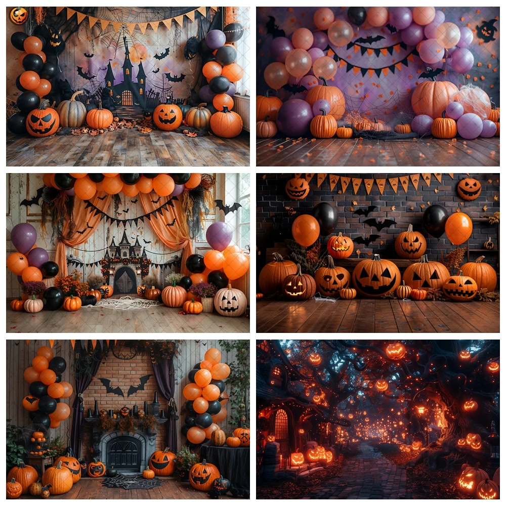 

Photography Background Spooky Halloween Balloon Pumpkins Kids Birthday Cake Smash Portrait Decor Backdrop Photo Studio