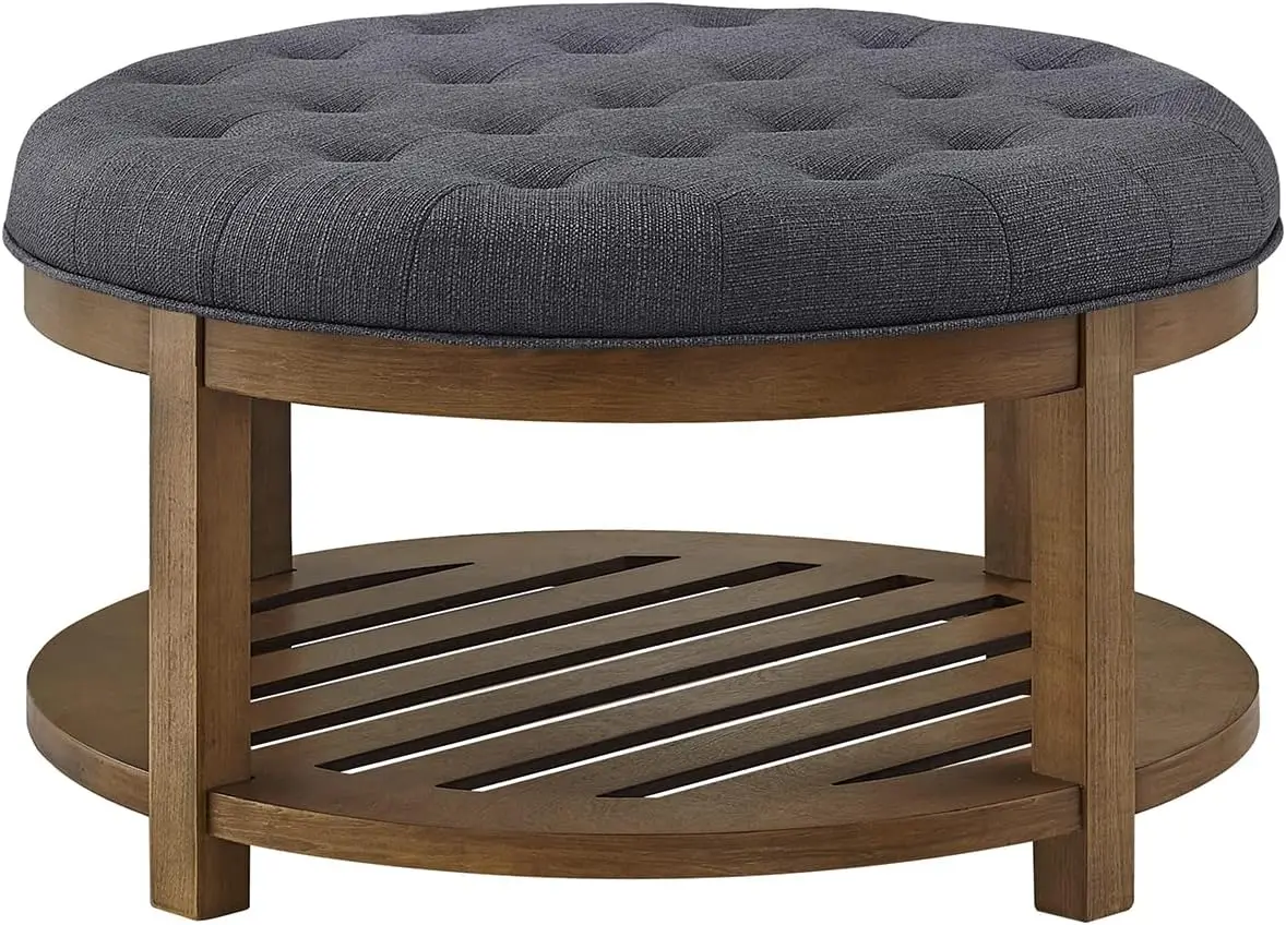 24KF Large Round Upholstered Tufted Linen Ottoman Coffee Table, Large Footrest Ottoman with Wood Shelf Storage-Charcoal