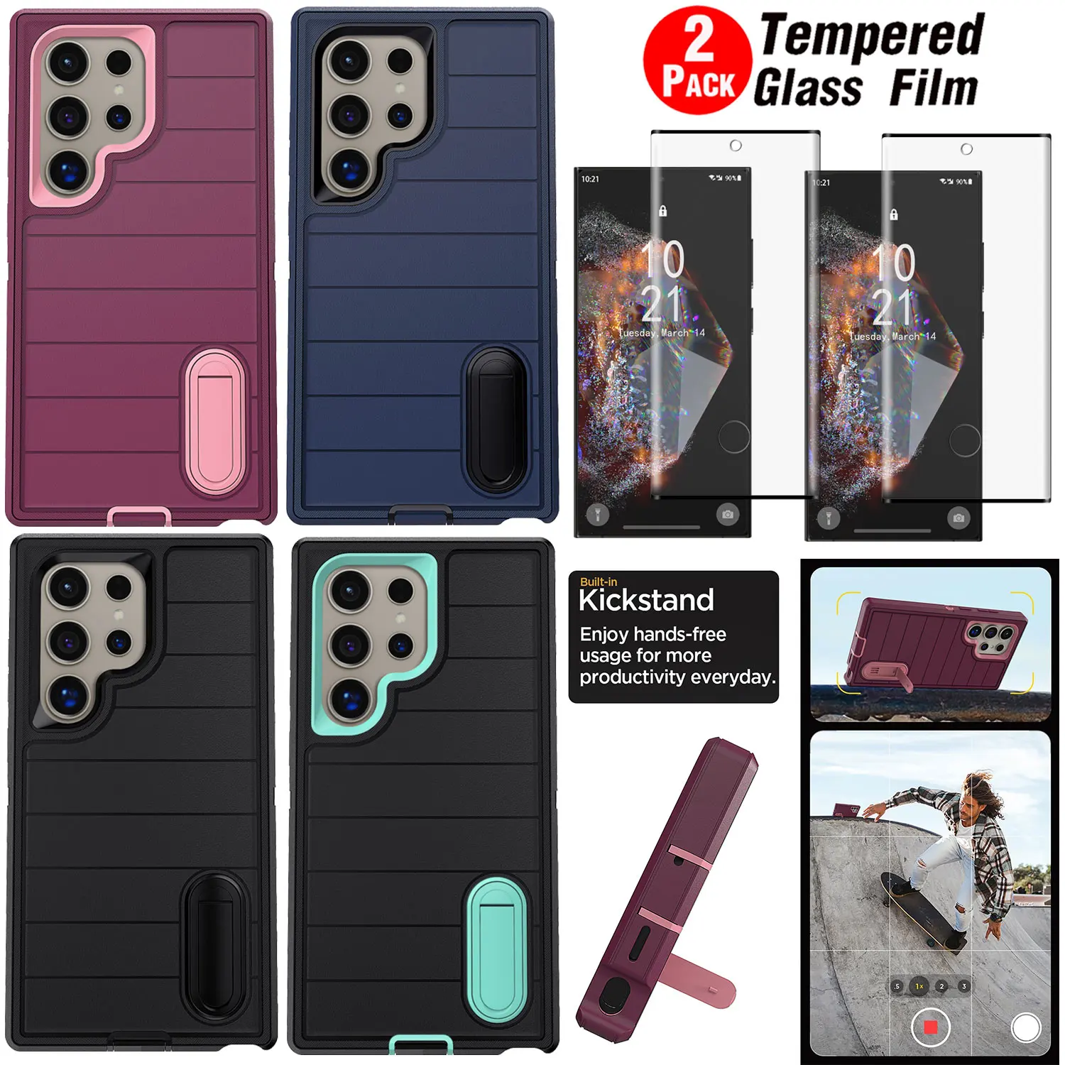 

For Samsung For Galaxy S24/Plus/Ultra Kickstand Holder Case Shockproof Phone Cover +2PCS Clear Tempered Glass Screen Protector