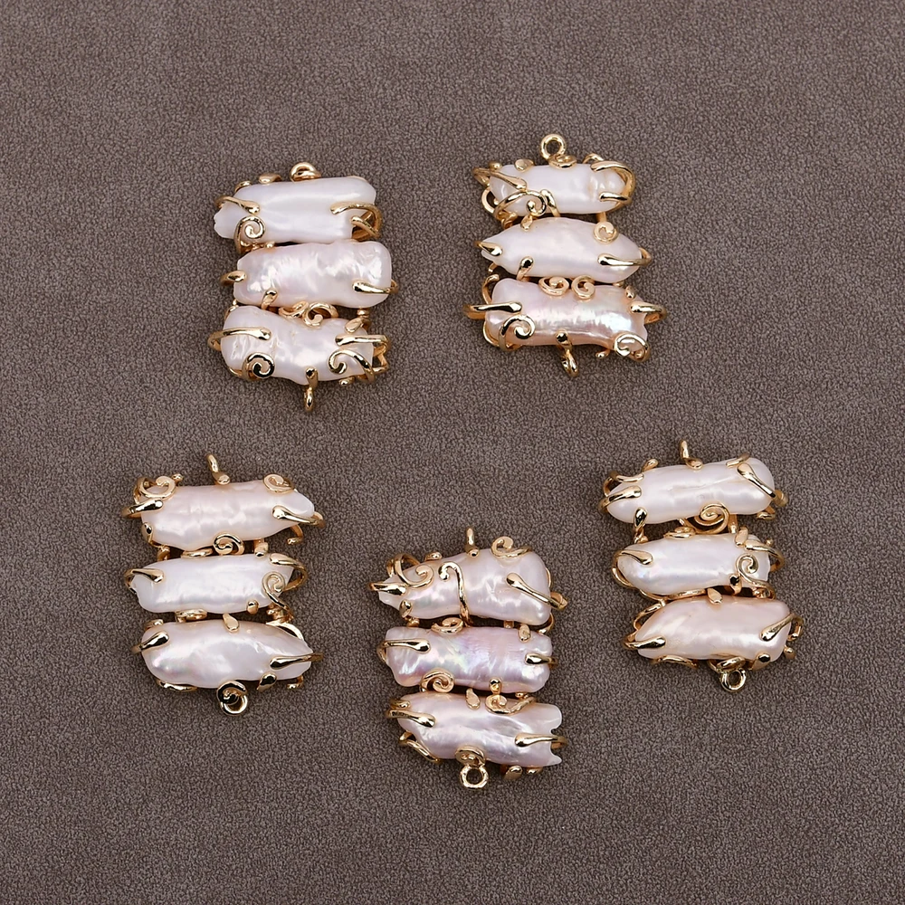 5 Pcs Natural White Biwa Pearl Flower Connector Double Ring Jewelry Finding