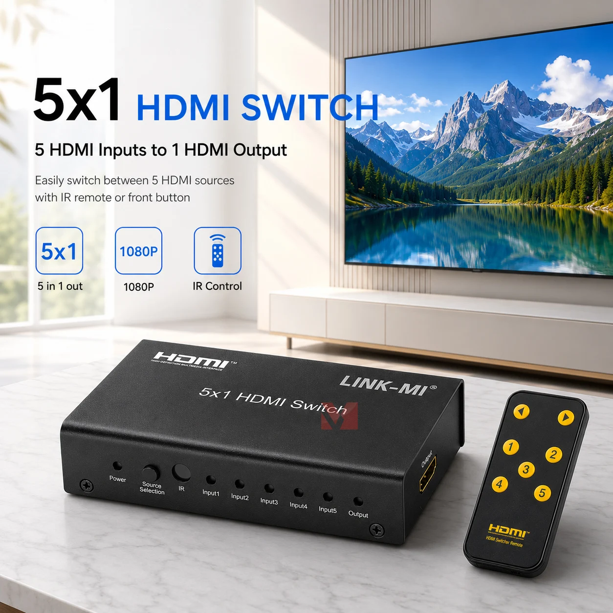 5 Port HDMI Switch 1080P HDMI Selector Switcher 5x1 HDMI Switch 3D Video Audio Switch