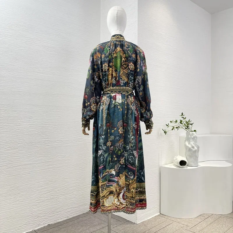 Green Position Floral Print 2024 Long Sleeve Belt Diamonds Pressed Self Bow Tie Waist Women Midi Dress