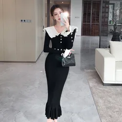 New Fashion Patchwork Knitted Dress Women French Slim Ruffles Lapel Long Sleeve Sweater Bodycon Long Dresses OL Vestidos Robe