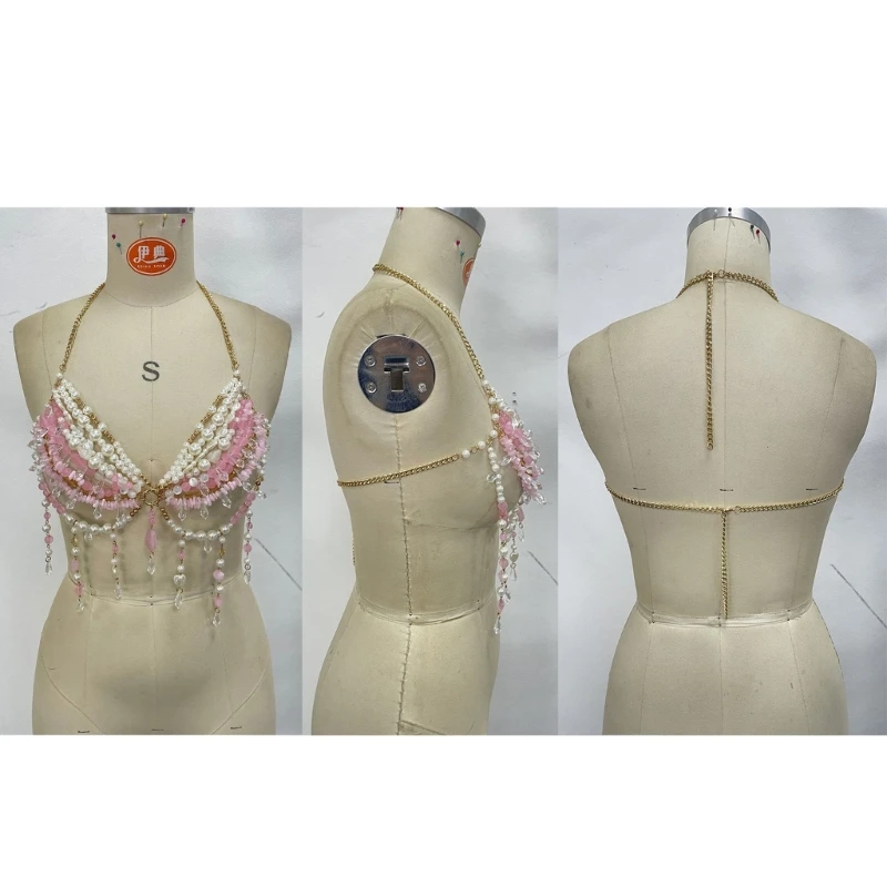 E0BF Party Styling Body Chain Jewelry With Pink White Beads Halter Necklace Drape and Statement Torso Detail for Fashion