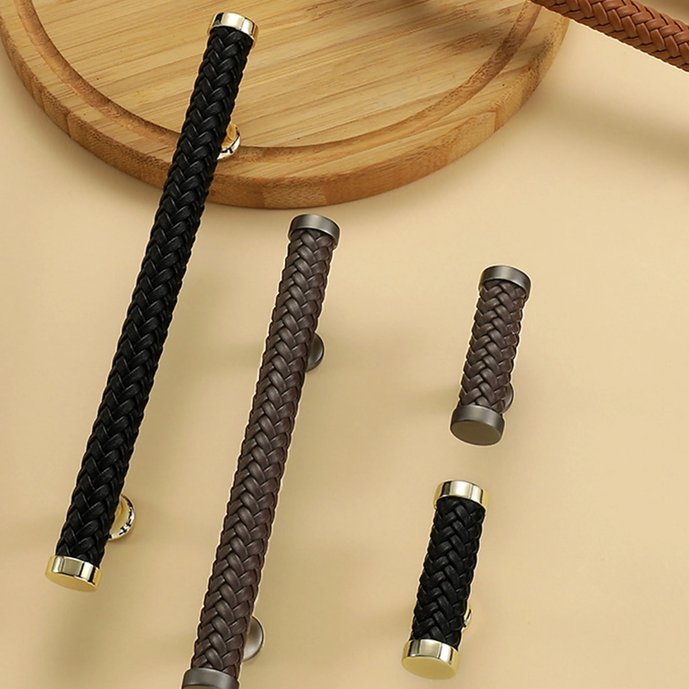 Handwoven Leather Black Cabinet Handles Bedroom Wardrobe Dresser Pulls Light Luxury Bookcase Door Knobs T Bar Furniture Hardware
