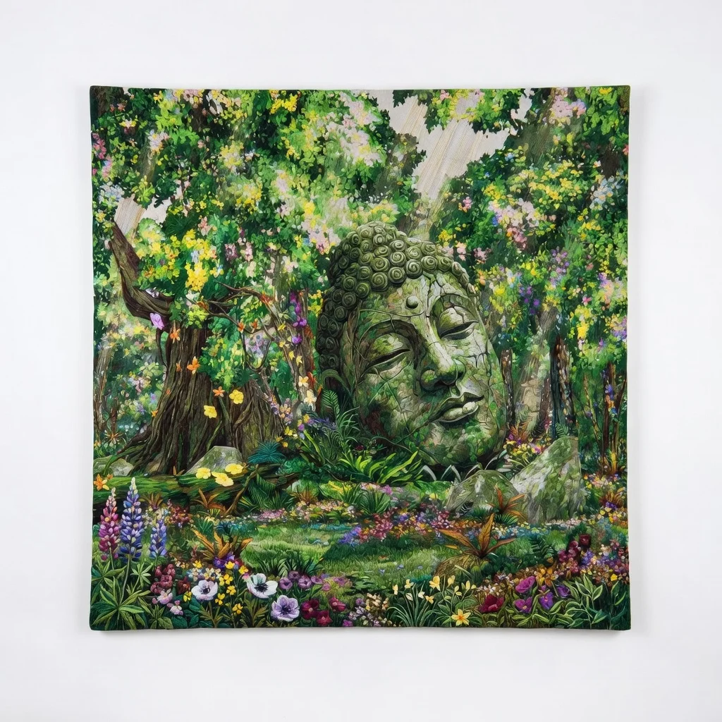 Spiritual Forest Buddha Tapestry Flat Print Mystical Nature Wall Hanging Yoga Room Decor Boho Wall Art for Home Office Party