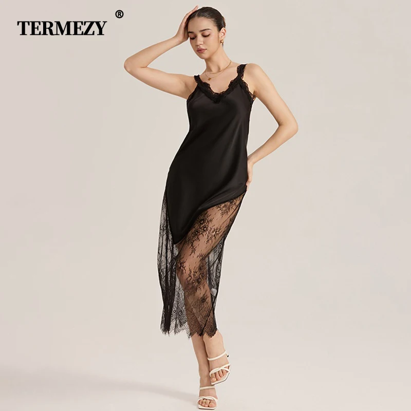 

TERMEZY Women's Satin Nightgown Lace Panels Sexy Elegant French Transparent Maxi Lingerie V-Neck Hollow Out Soft Sleep Dress