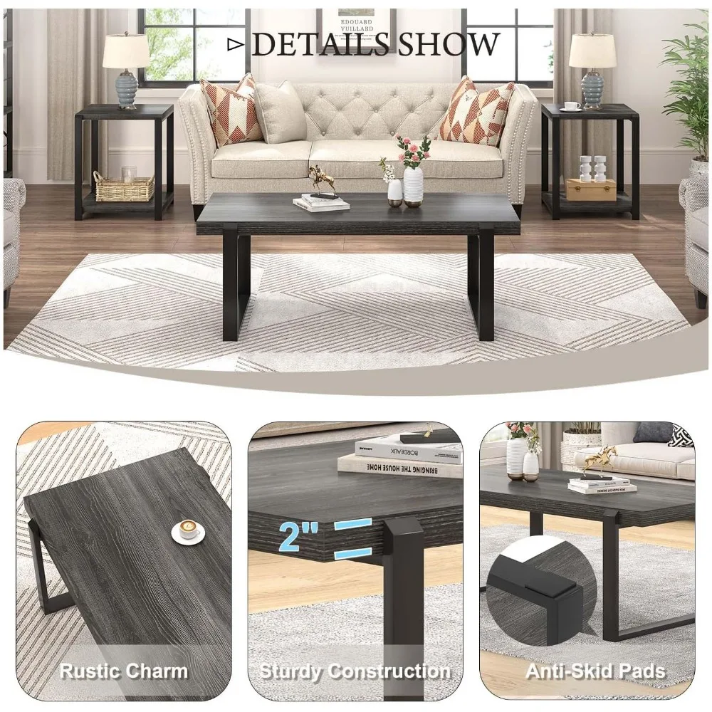 Mesa de centro moderna rústica, centro de mesa rectangular de madera y metal para salón, gris oscuro, ideal para reuniones informales y C
