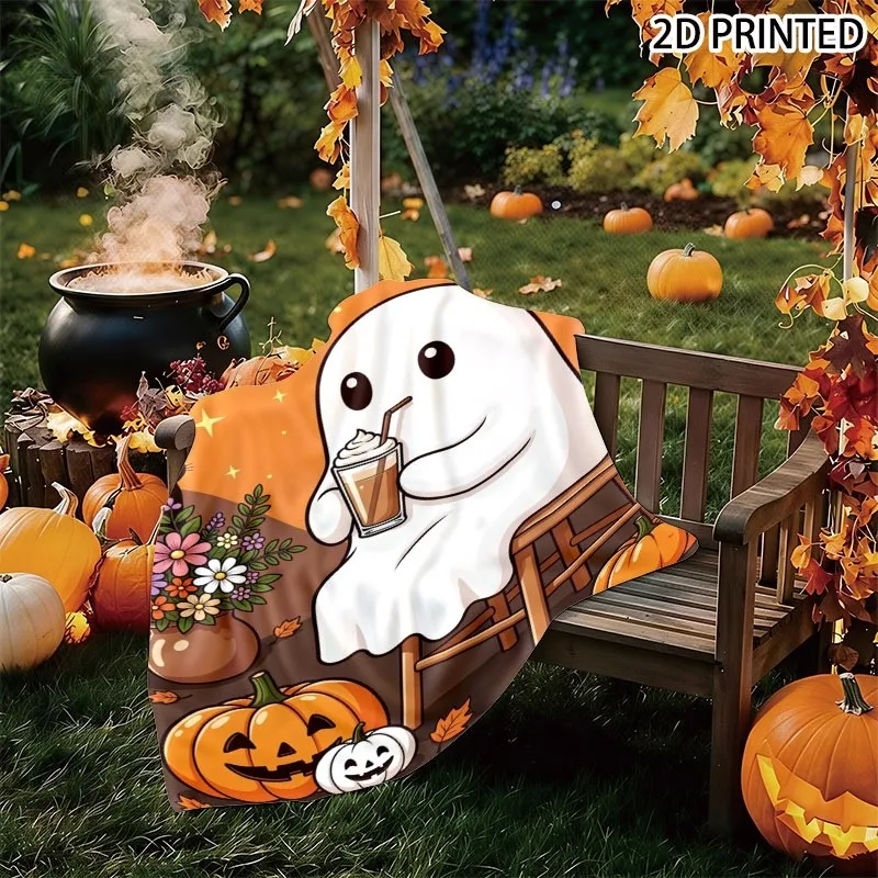 Cozy Halloween Ghost And Pumpkin Printed Throw Blanket, Fall Themed Decor Blanket with Multiple Specifications Available, Warm S