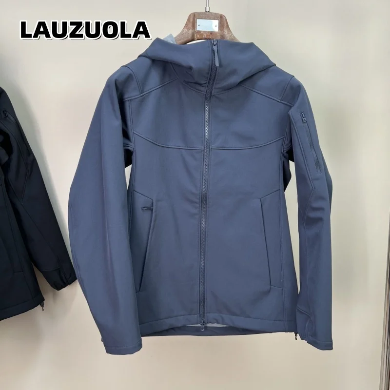 Jaqueta Masculina Softshell com Forro de Lã, Capuz, Corta-Vento, Zíper Completo, Bolsos Múltiplos com Zíper, para Atividades ao Ar Livre, Caminhada, E