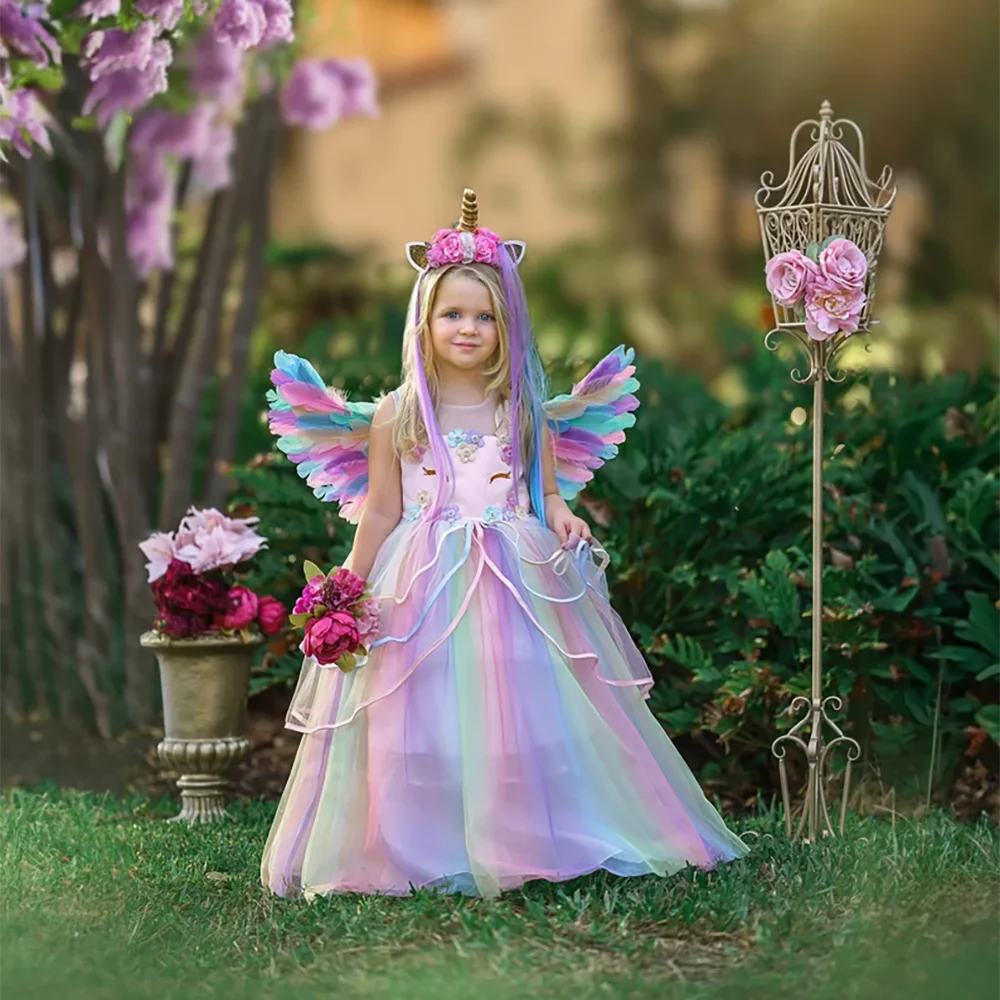 Girls Long Unicorn Sets Cosplay Dress Party Princess Gown Kids Carnival Pageant Christmas Clothes Girl Birthday Colorful Dresses