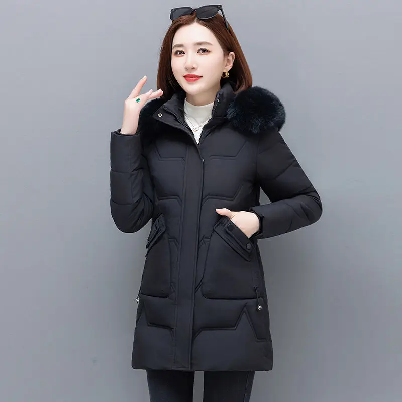 2024 Winter Thicken Women's Windbreakers Female Fur Collor Warm Long Parka Tops Women's 2 Pocket Pure Color Cotton Jacket  LX247