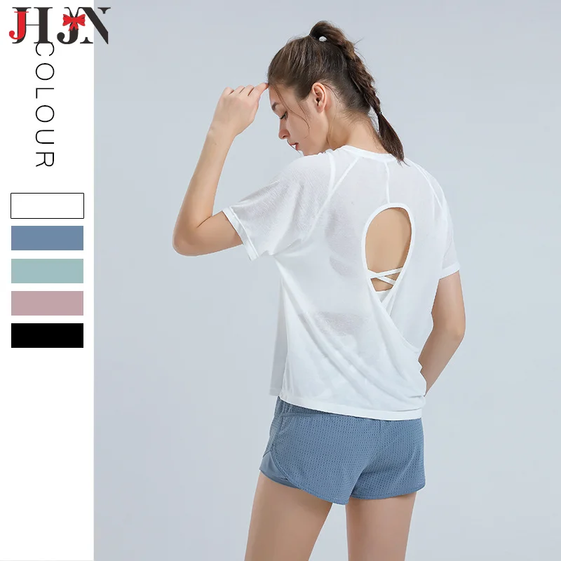 JHJN Sports T-Shirt For Women Loose Top Quick Drying Smock Breathable Yoga Clothes Outdoors Run Bodybuilding Luxury Brand