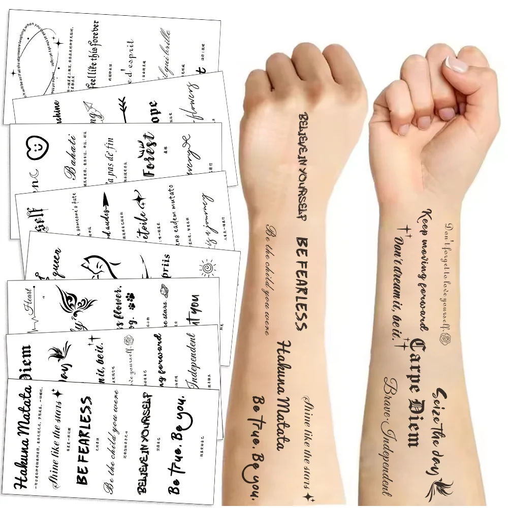 10 Sheets Black and White Letters Tattoo Sticker Temporary Fake Tattoo Arm Hands Body Waterdichte Tatouages Pour Gift Kids Toys