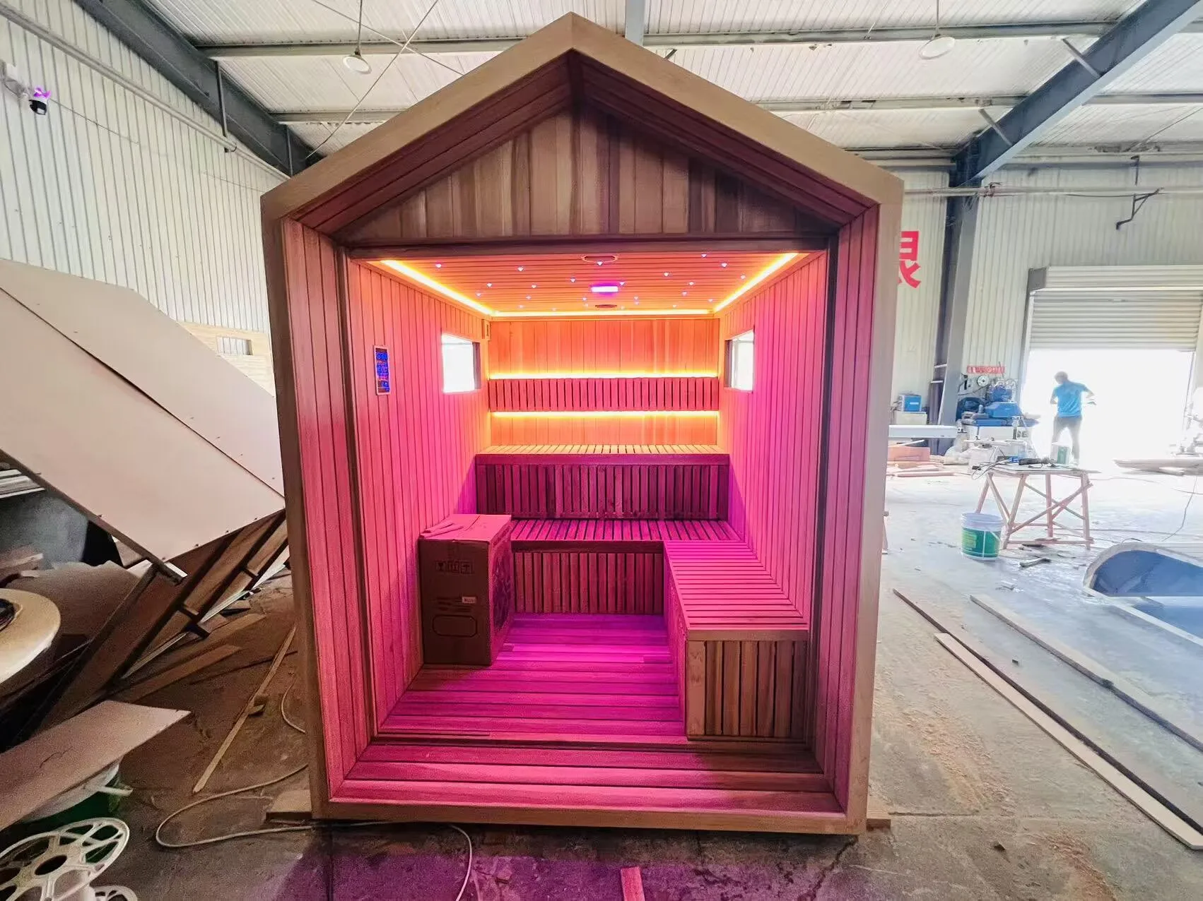6-Person Outdoor Sauna Room, Solid Red Cedar Far Infrared Sauna, Luxury Spire with Bluetooth Speaker, Modern Garden Sauna