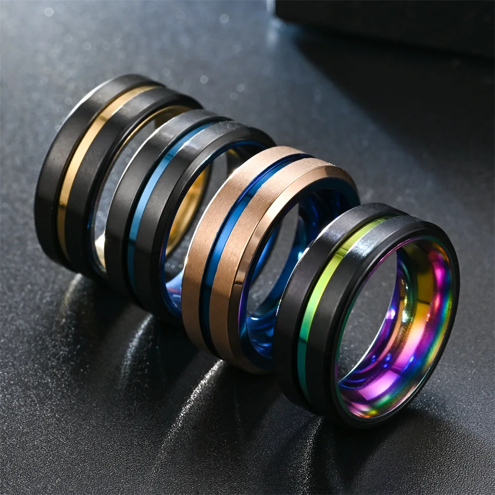 Fashion 8mm 4-Color Stainless Steel Rings For Men Groove Beveled Edge Ring High Polish Engagement Wedding Band Fine Jewelry