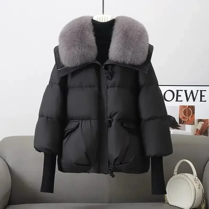 Chaqueta de plumón marrón para mujer, abrigo de invierno, nueva moda, cálido, grueso, corto, suelto, algodón, empalme, Cuello de piel, Abrigo acolchado, ropa de mujer