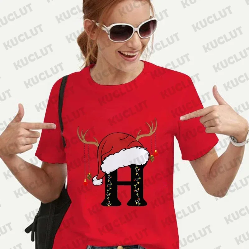 Christmas 26 Alphabet Printed T-Shirt Women Fashion Merry Christmas Gift Casual Harajuku Kawaii T-shirt Women's Y2K Clothing