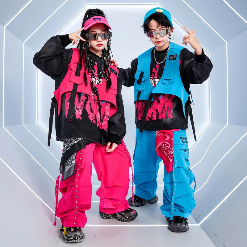 Kids Hip Hop Vest Sweatshirt Colorful Cargo Pants Girls Street Dance Clothes Sets Boys Jazz K-pop Costumes Children Streetwear
